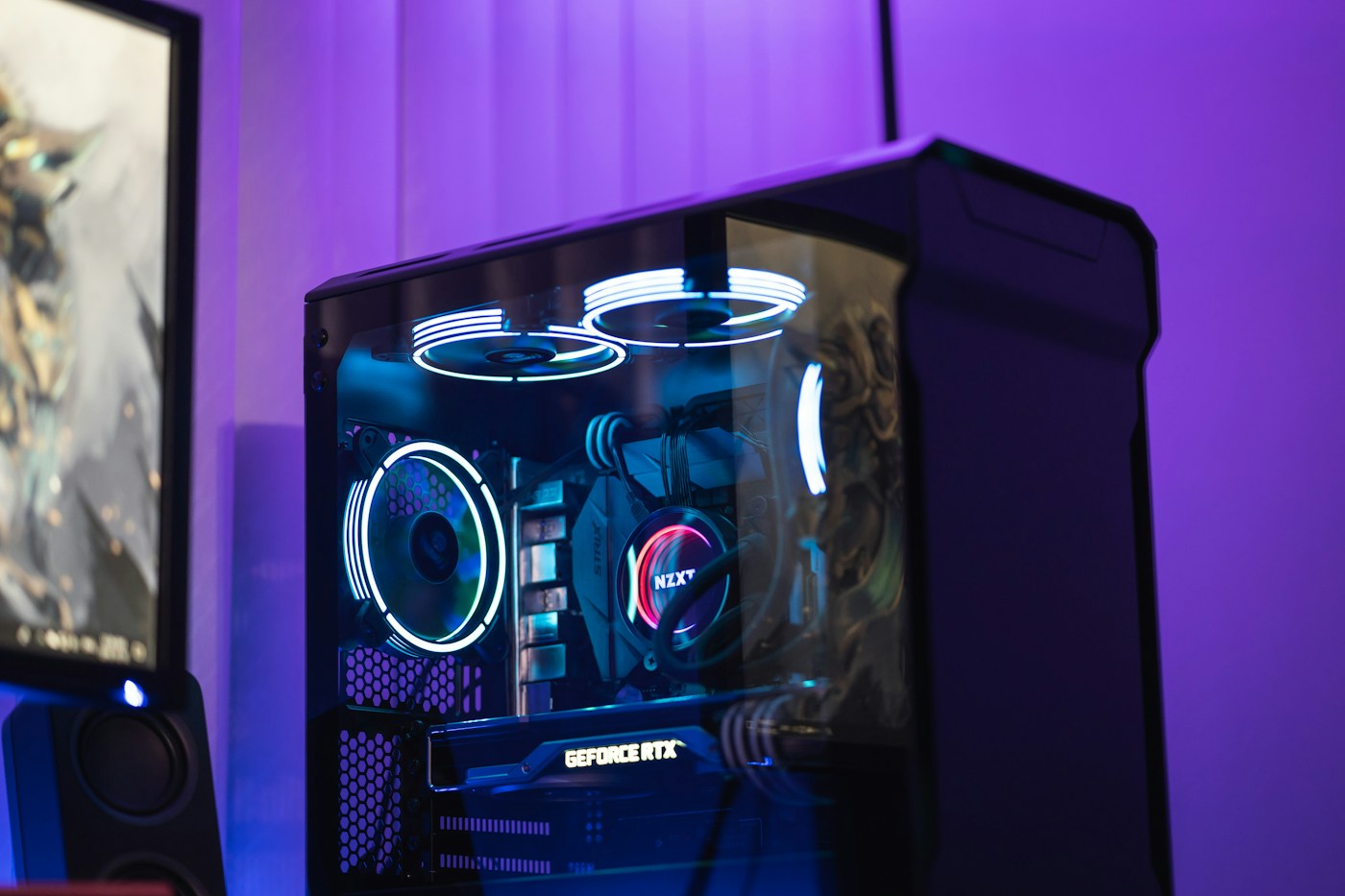 PC interior showing an NZXT AIO CPU cooler and radiator fans