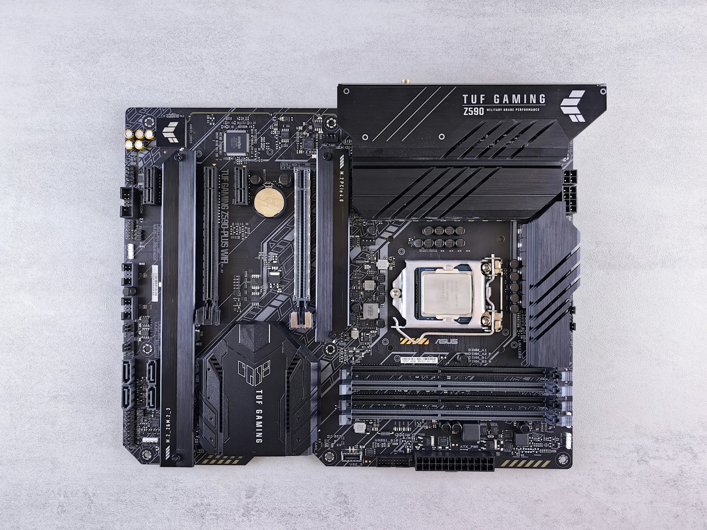 Motherboard with CPU socket, memory slots, and component connections